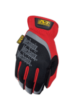 Mechanix Wear racing glove in red, black, and grey with yellow logo, designed for motorsport safety and grip.