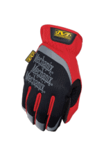 Red and black Mechanix racing glove with yellow logo, designed for motorsport safety and grip.