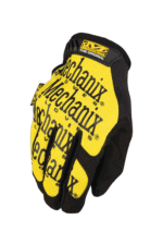 Yellow and black Mechanix racing glove with branding for Grand Prix Racewear, designed for motorsport safety and grip.
