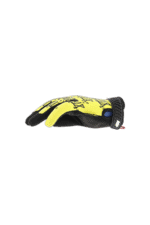 Yellow and black racing glove designed for motorsport, featuring protective padding and a secure wrist closure.