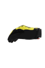 Close-up of a black and yellow racing glove designed for motorsport, featuring protective padding and grip-enhancing materials.