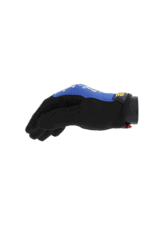 Close-up of a racing glove with blue, black, and yellow details, designed for motorsport safety and performance.