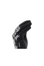 Close-up of a black racing glove with white branding, designed for motorsport safety and performance.