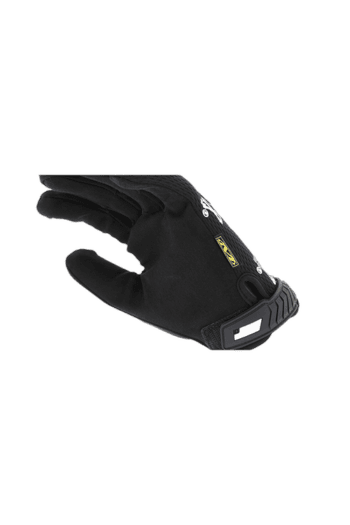 Close-up of a black racing glove with protective padding, designed for motorsport safety and performance.