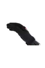 Close-up of a black racing glove with pink accents, designed for motorsport safety and performance.