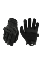 Black motorcycle gloves with protective knuckles and textured grip for racing and riding safety.