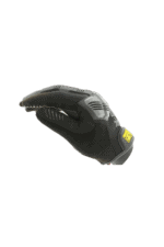 Close-up of a black racing glove with grey and yellow accents, designed for motorsport safety and performance.