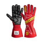 Red and black Momo racing gloves designed for motorsport safety and performance, featuring durable materials and ergonomic fit.