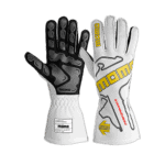 MOMO Grand Prix racing gloves in black and white with yellow accents, designed for motorsport performance and safety.