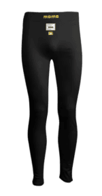 Close-up of black Momo racing leggings designed for motorsport enthusiasts, featuring a sleek fit and branding details.