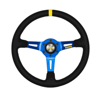 Grand Prix Racewear steering wheel with black grip, blue centre, and yellow marking for racing performance.