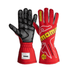 Red and black Momo racing gloves designed for Grand Prix racewear, featuring high grip and durability for motorsport drivers.