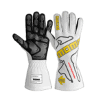 Momo racing gloves designed for motorsport, featuring black and white colours with yellow branding, offering high grip and protection for drivers.