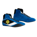 Blue Momo racing shoes with black and white accents, designed for motorsport performance and safety.