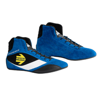 Blue Momo racing shoes with black and white accents, designed for motorsport performance and safety.