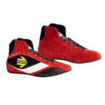 Red racing shoes with black and white accents from Grand Prix Racewear, designed for motorsport performance and safety.