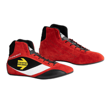 Red racing shoes with black and white accents from Grand Prix Racewear, designed for motorsport performance and safety.