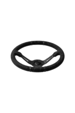 Black racing steering wheel with ergonomic grip for motorsport vehicles, designed for high performance and durability.
