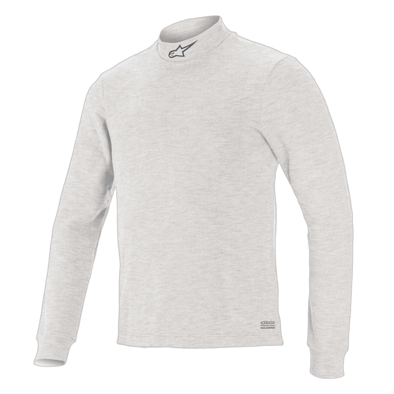 Light grey racing jacket from Grand Prix Racewear with high collar and Alpinestars logo, designed for motorsport enthusiasts.