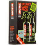 Motul Helmet Care Pack with microfibre cloth, featuring two spray bottles for helmet interior and visor cleaning, ideal for motorcycle riders.