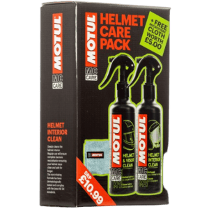 Motul Helmet Care Pack with microfibre cloth, featuring two spray bottles for helmet interior and visor cleaning, ideal for motorcycle riders.