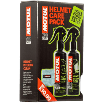 Motul Helmet Care Pack with microfibre cloth, featuring two spray bottles for helmet interior and visor cleaning, ideal for motorcycle riders.