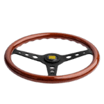 Wooden racing steering wheel with black metal spokes and yellow centre logo, suitable for race car driving.