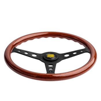 Wooden racing steering wheel with black metal spokes and yellow centre logo, suitable for race car driving.