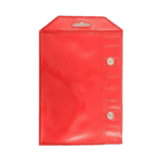 Red racewear storage bag with secure snap closures, ideal for Grand Prix racing gear and accessories.