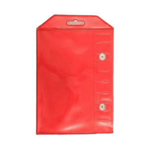 Red racewear storage bag with secure snap closures, ideal for Grand Prix racing gear and accessories.