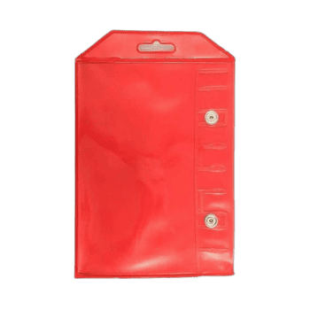Red racewear storage bag with secure snap closures, ideal for Grand Prix racing gear and accessories.