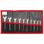 Set of Facom combination wrenches in a red and black tool roll, arranged from largest to smallest, for professional mechanical use.
