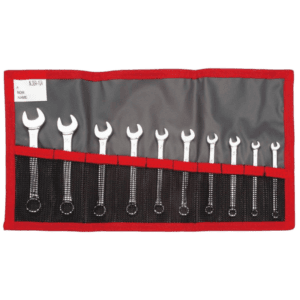 Set of Facom combination wrenches in a red and black tool roll, arranged from largest to smallest, for professional mechanical use.