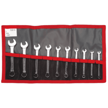 Set of Facom nylon roll with 10 open-end wrenches in various sizes, stored in a grey and red roll-up tool organiser.