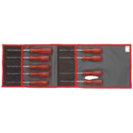 Set of screwdrivers with red handles in a grey roll-up tool case, ideal for automotive or mechanical work.