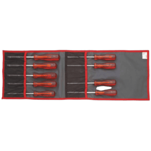 Set of screwdrivers with red handles in a grey roll-up tool case, ideal for automotive or mechanical work.