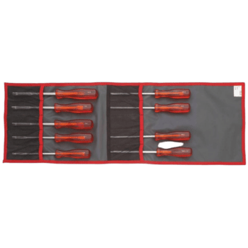 Set of screwdrivers with red handles in a grey roll-up tool case, ideal for automotive or mechanical work.