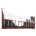 Set of open-end wrenches arranged in a tool roll, ideal for automotive and mechanical work, displayed on a black background.