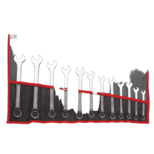 Set of open-end wrenches arranged in a tool roll, ideal for automotive and mechanical work, displayed on a black background.
