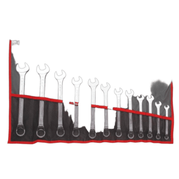 Set of open-end wrenches arranged in a tool roll, ideal for automotive and mechanical work, displayed on a black background.