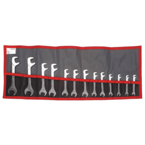 Set of 13 Facom nylon roll wrenches with open-end design in a black and red roll-up tool organiser.