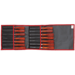 Set of screwdrivers and tools in a black and red roll-up tool organiser, ideal for professional and DIY use.