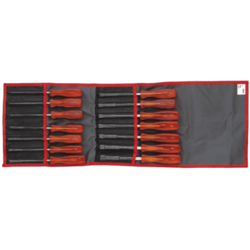 Set of screwdrivers and tools in a black and red roll-up tool organiser, ideal for professional and DIY use.