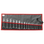 Set of 12 combination wrenches in a grey and red tool roll, ideal for professional mechanics and DIY enthusiasts.