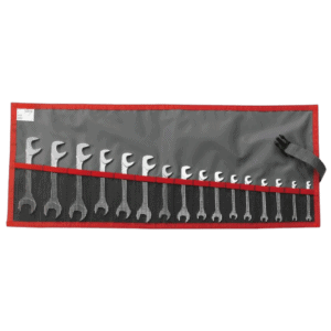 Set of 12 combination wrenches in a grey and red tool roll, ideal for professional mechanics and DIY enthusiasts.