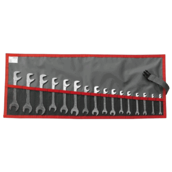 Set of 12 combination wrenches in a grey and red tool roll, ideal for professional mechanics and DIY enthusiasts.