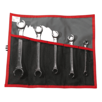 Set of six Facom combination wrenches in a grey and black tool roll with red trim, ideal for professional mechanics.