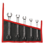 Set of six Facom open-end wrenches in a red and black tool roll, sizes 15, 14, 13, 12, 11, and 10 mm, ideal for automotive and mechanical work.