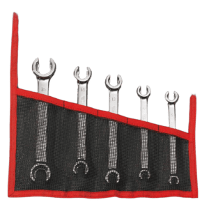 Set of six Facom open-end wrenches in a red and black tool roll, sizes 15, 14, 13, 12, 11, and 10 mm, ideal for automotive and mechanical work.