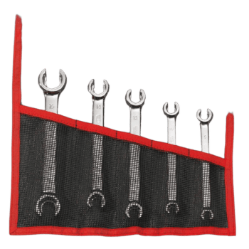 Set of six Facom open-end wrenches in a red and black tool roll, sizes 15, 14, 13, 12, 11, and 10 mm, ideal for automotive and mechanical work.